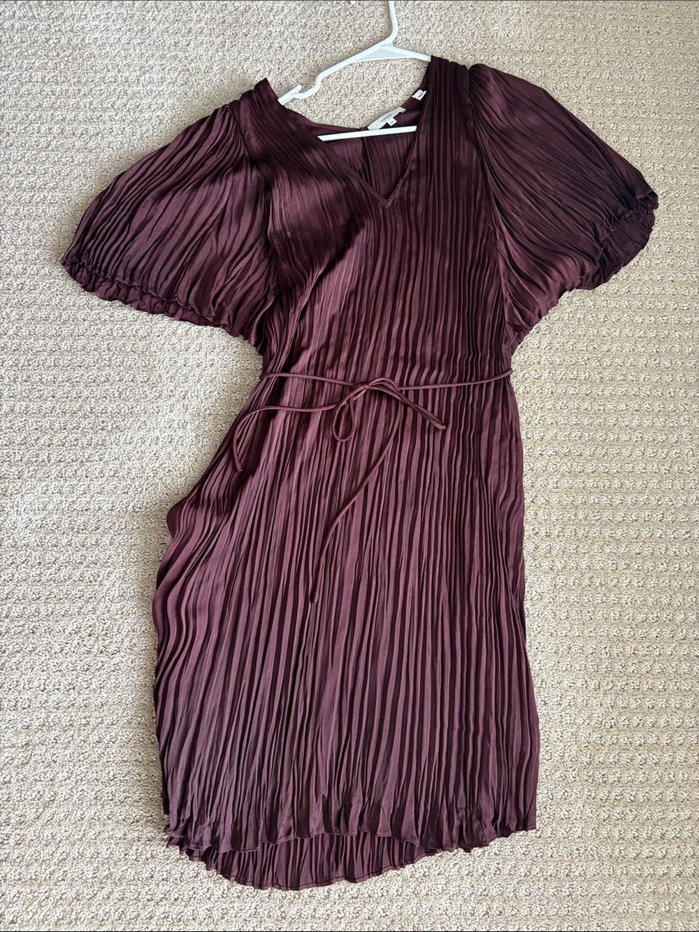 Vince Pleated V-Neck Midi Dress in Plum
